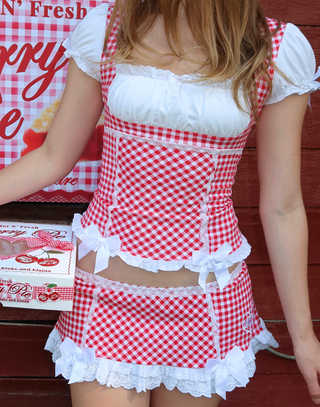 Cherry Doll Milkmaid Top + Micro Skirt Set