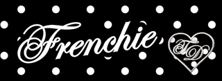 Decorative design with 'Frenchie' and a heart logo on a black background with white polka dots.
